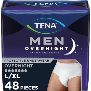 TENA Men Overnight Extra Coverage Underwear for bladder control, Masculine, Discreet, L/XL, 48 Count (Waist size 44in-64in)(Large/X-Large)