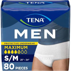 Tena Protective Adult Incontinence Underwear for Men, Maximum, S/M, 80 Count (Waist Size 25in-34in)(Small/Medium)