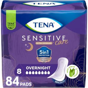 Tena Sensitive Care Incontinence Pads, Bladder Control, Postpartum for Women, Overnight Absorbency, Extra Coverage, 48 Count(84)