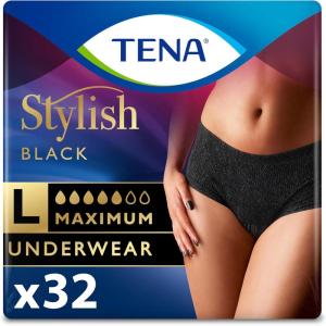 Tena Stylish Black Incontinence Underwear for Women, Maximum Absorbency, Small/Medium, 36 ct (2 Packs of 18)(Large)