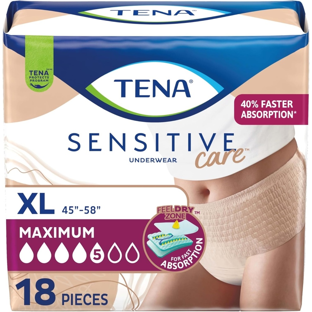 image:imageTena Sensitive Care Underwear for Women Maximum Adult Diaper Postpartum and Bladder Leakage XL 18 Count Better Fit